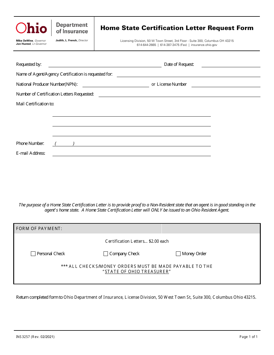 Form INS3257 Home State Certification Letter Request Form - Ohio, Page 1