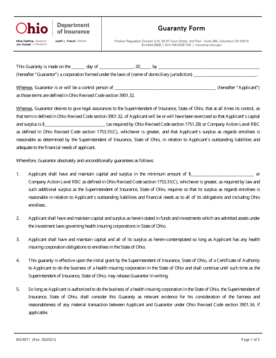 Form INS9071 Guaranty Form - Ohio, Page 1
