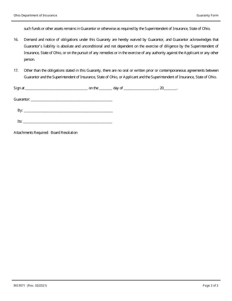 Form INS9071 Download Fillable PDF or Fill Online Guaranty Form, Ohio ...