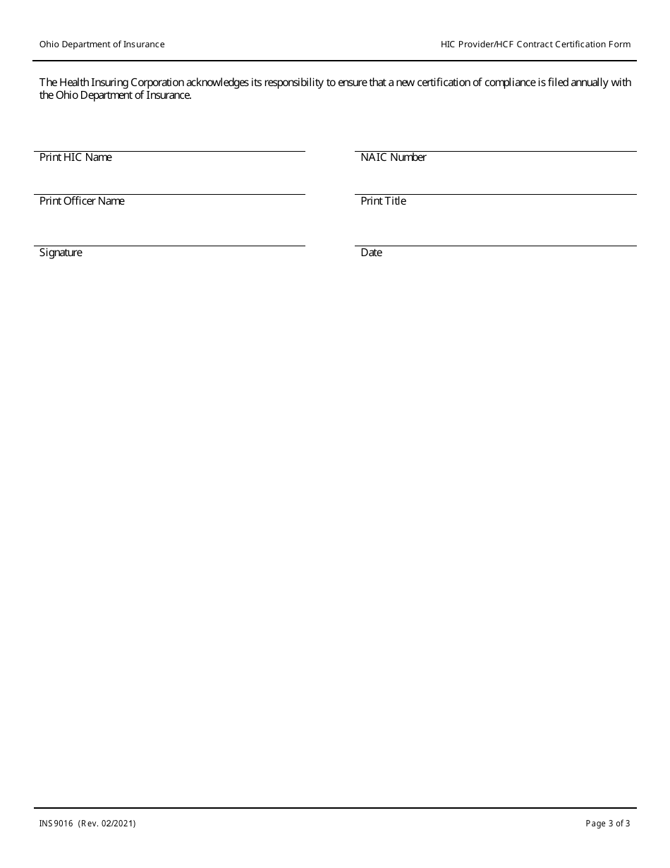 Form INS9016 Hic Provider / Hcf Contract Certification Form - Ohio, Page 3