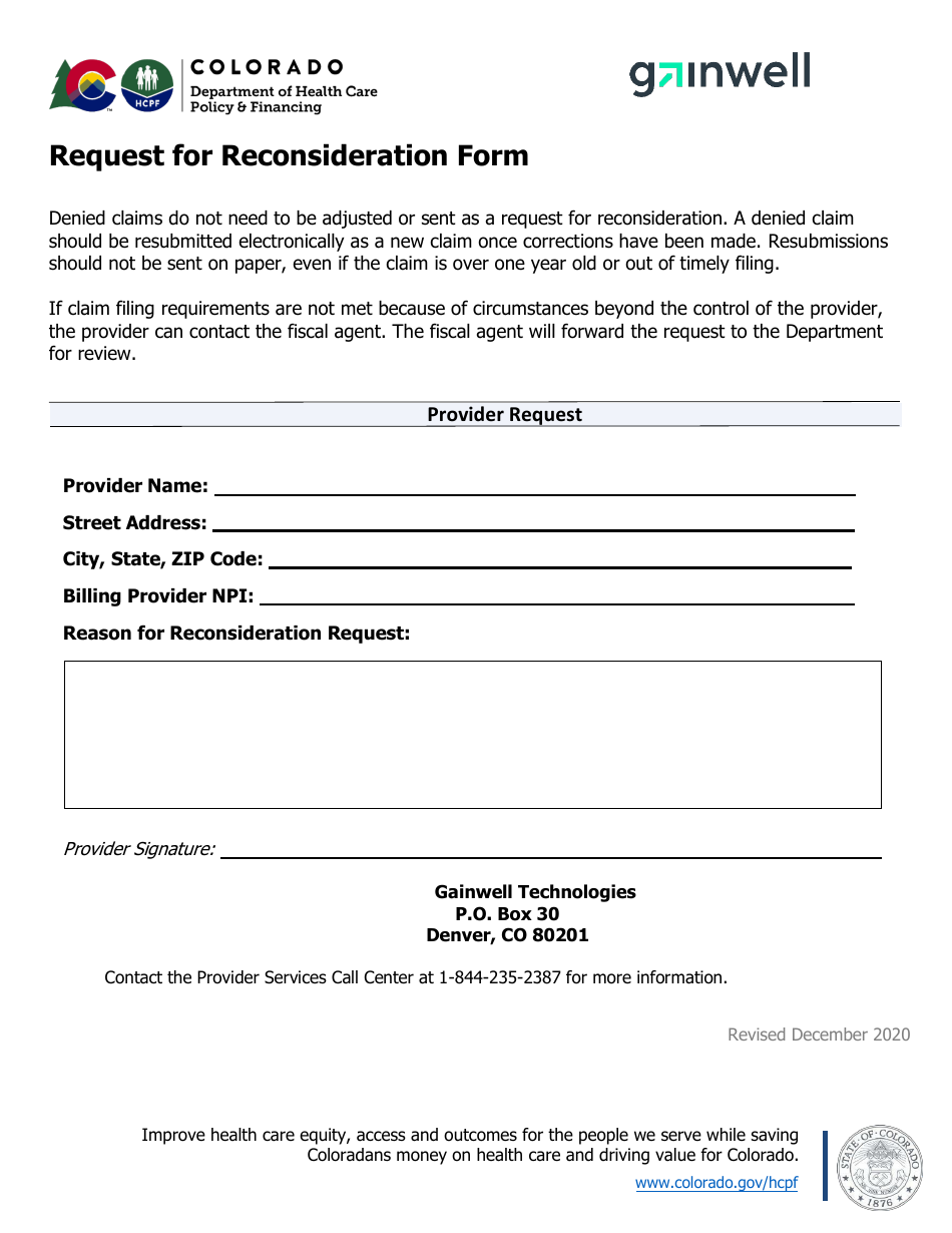 Request for Reconsideration Medical Form - Colorado, Page 1