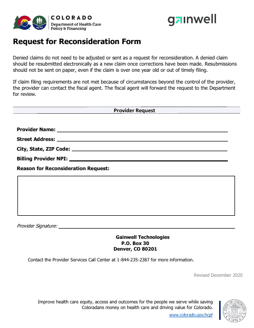 Request for Reconsideration Medical Form - Colorado Download Pdf