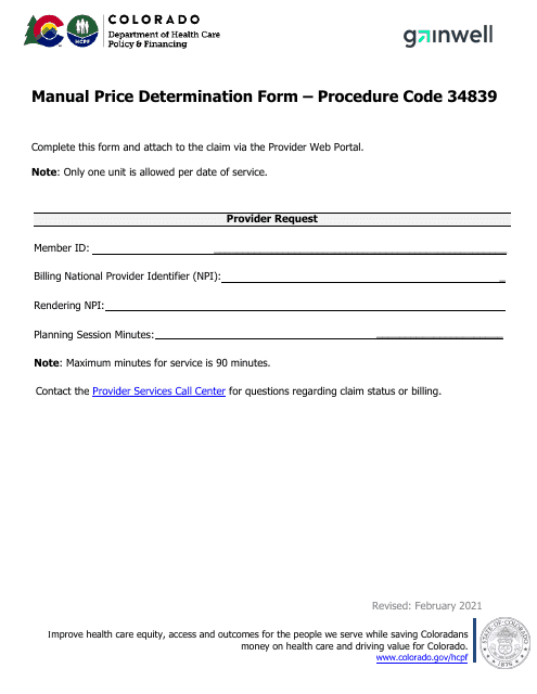 Manual Price Determination Form - Procedure Code 34839 - Colorado