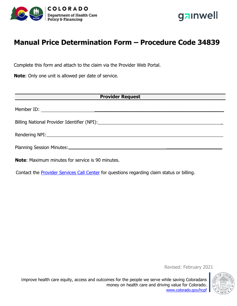 Manual Price Determination Form - Procedure Code 34839 - Colorado, Page 1