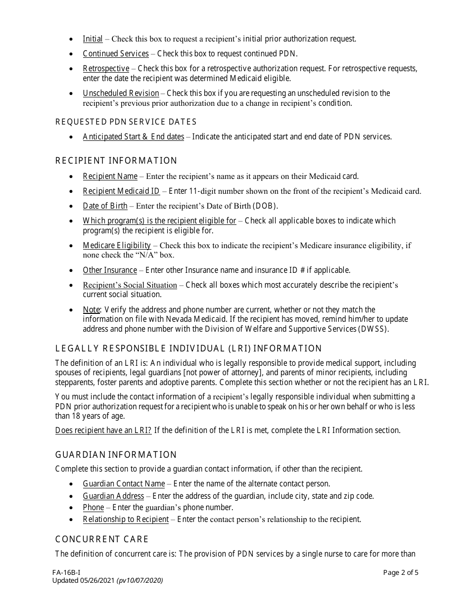 Instructions for Form FA-16B Home Health Agency - Private Duty Nursing (Pdn) Services Only Prior Authorization Request - Nevada, Page 2