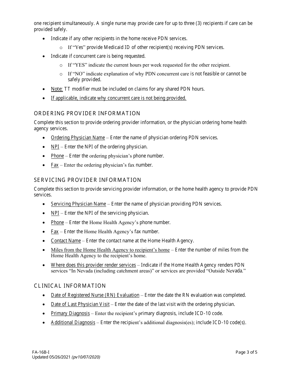 Instructions for Form FA-16B Home Health Agency - Private Duty Nursing (Pdn) Services Only Prior Authorization Request - Nevada, Page 3