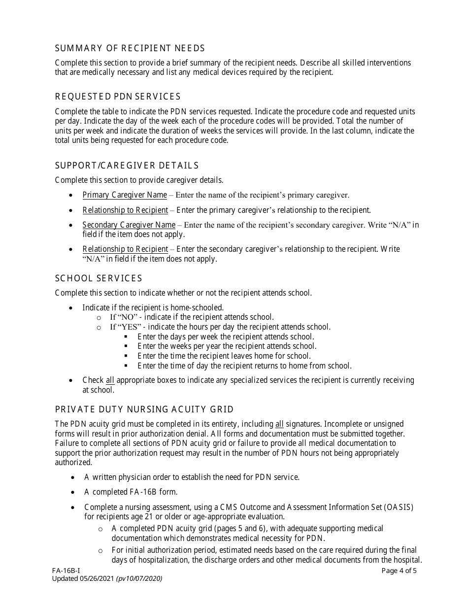 Instructions for Form FA-16B Home Health Agency - Private Duty Nursing (Pdn) Services Only Prior Authorization Request - Nevada, Page 4