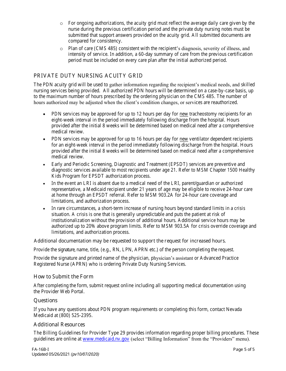 Instructions for Form FA-16B Home Health Agency - Private Duty Nursing (Pdn) Services Only Prior Authorization Request - Nevada, Page 5