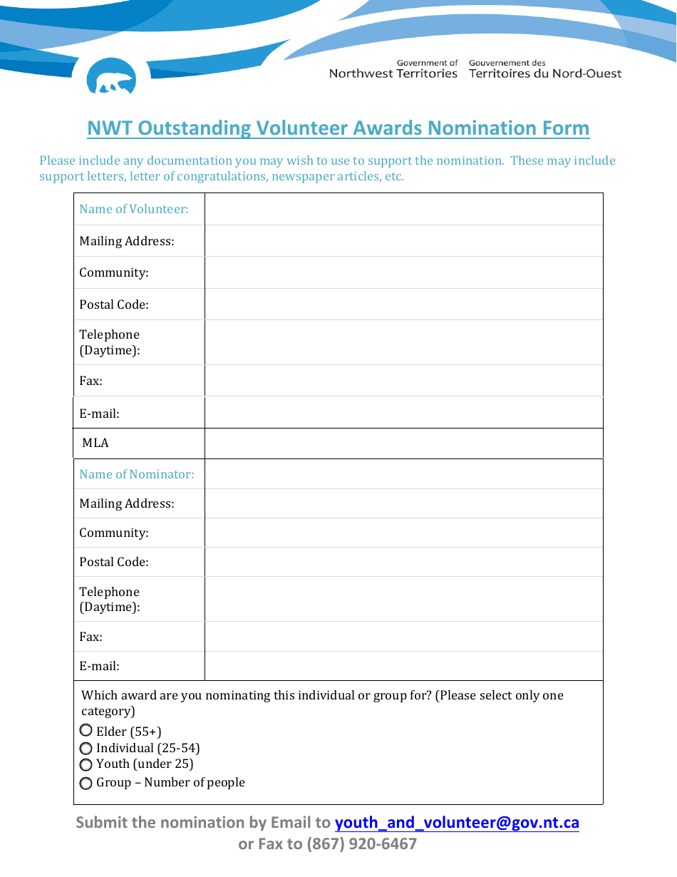 Nwt Outstanding Volunteer Awards Nomination Form - Northwest Territories, Canada, Page 1