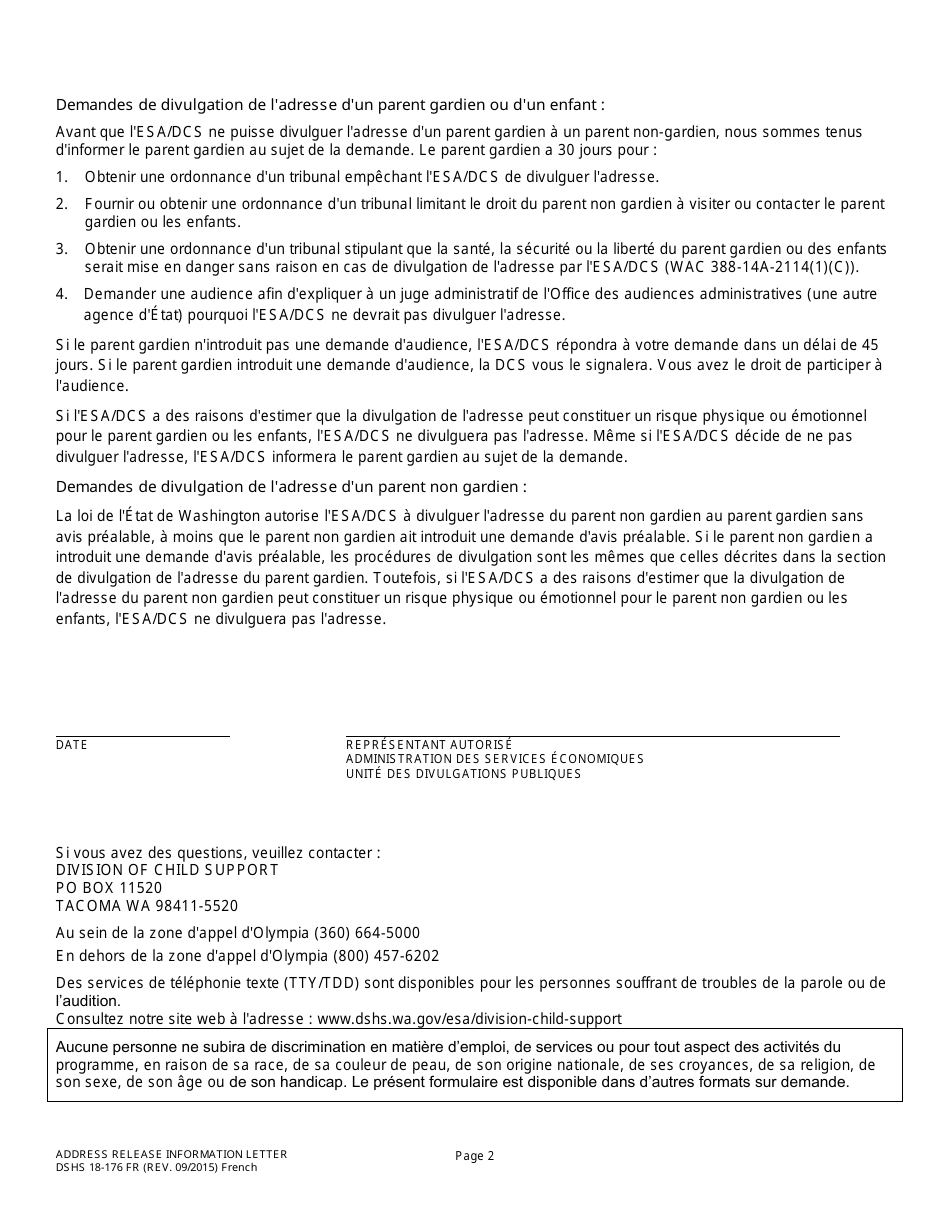 DSHS Form 18-176 Address Release Information Letter - Washington (French), Page 2