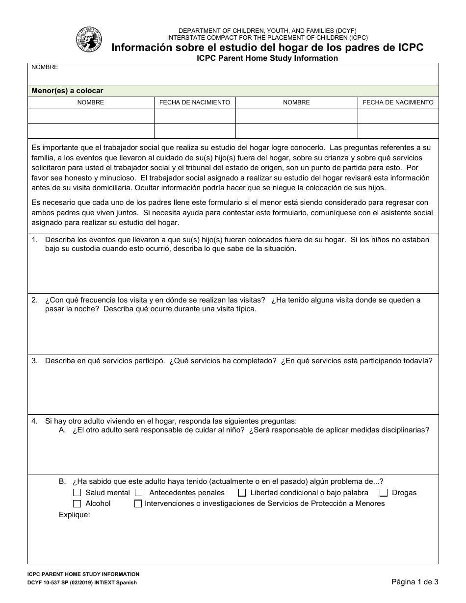 DCYF Formulario 10-537 Informacion Sobre El Estudio Del Hogar De Los Padres De Icpc - Washington (Spanish), Page 1