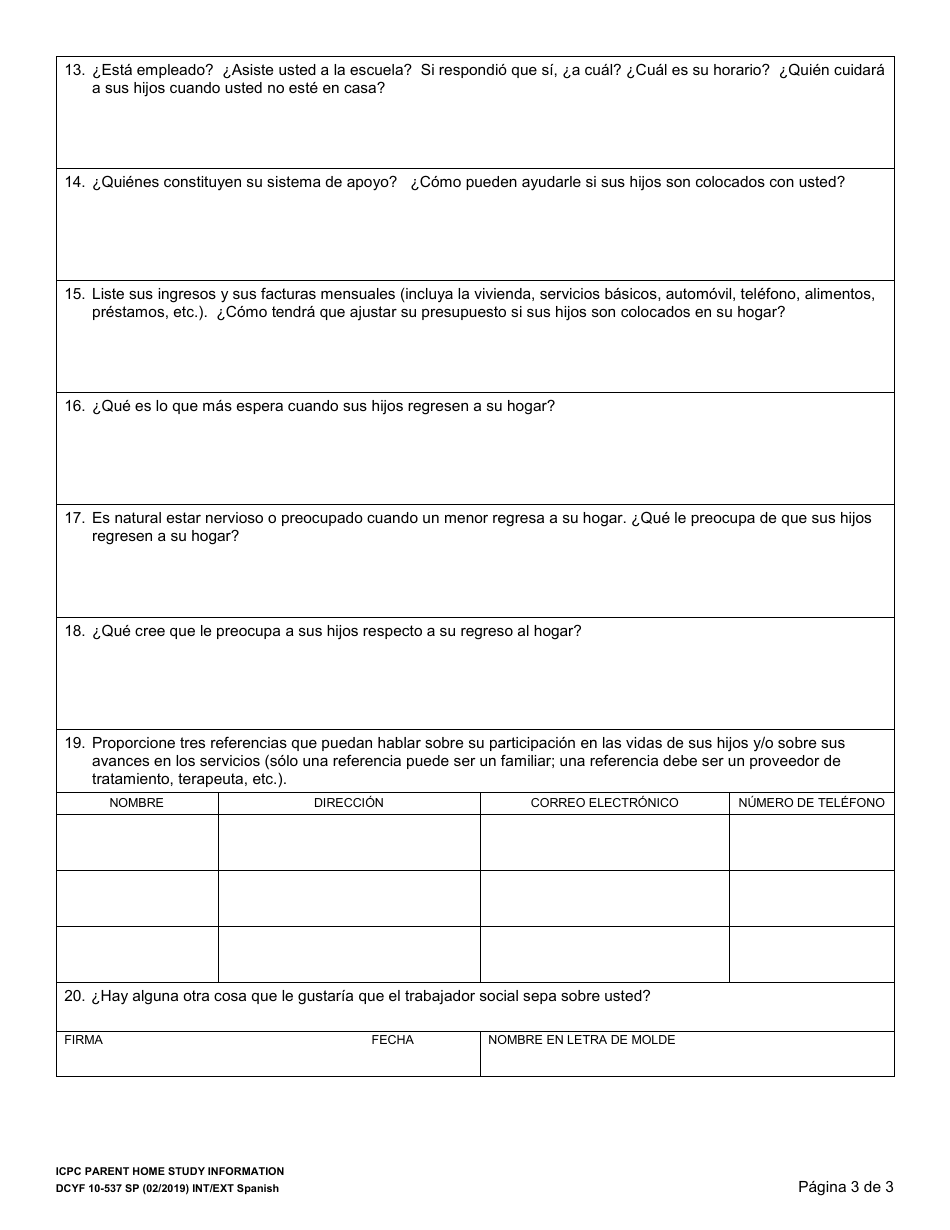 DCYF Formulario 10-537 Informacion Sobre El Estudio Del Hogar De Los Padres De Icpc - Washington (Spanish), Page 3