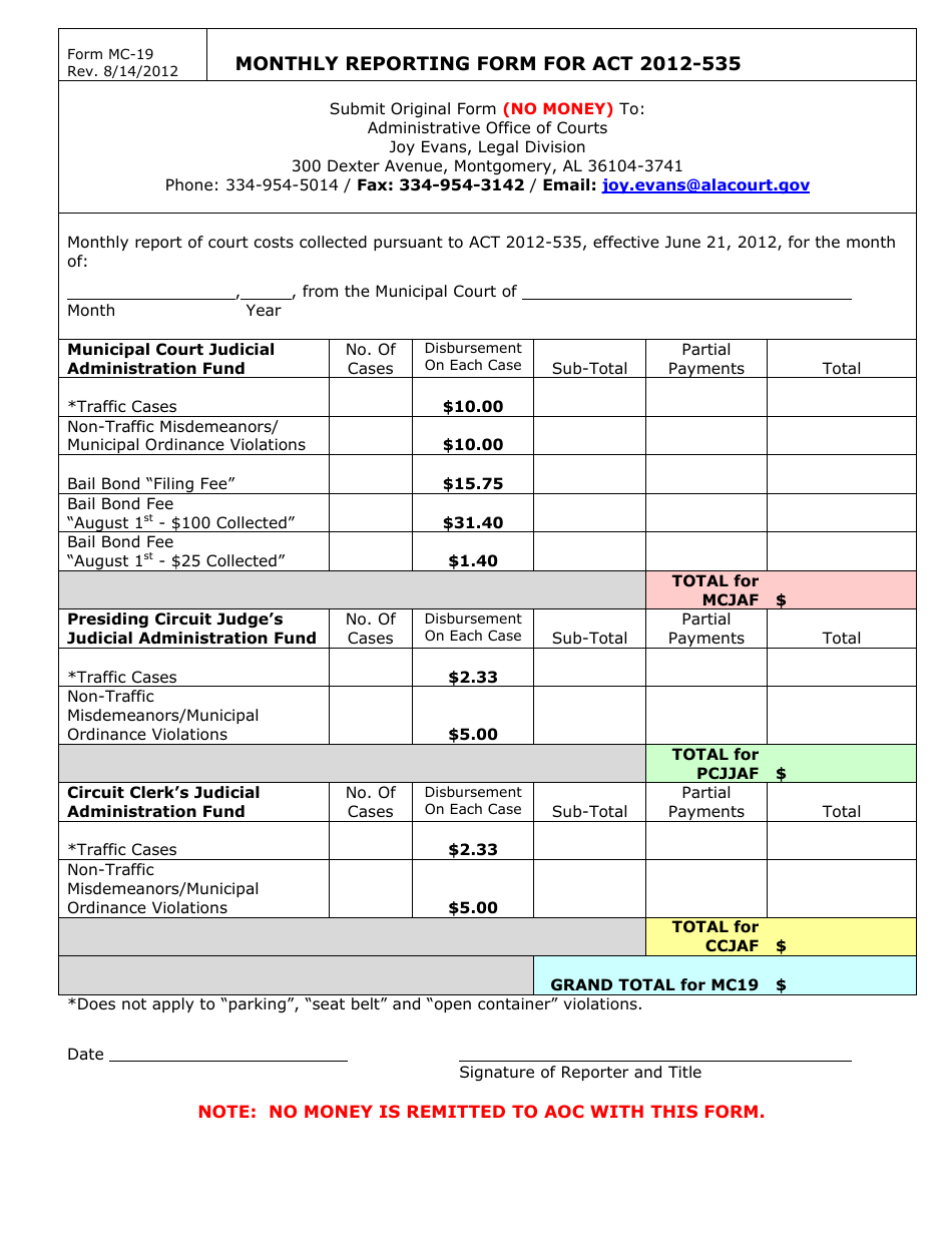Form MC-19 Monthly Reporting Form for Act 2012-535 - Alabama, Page 1