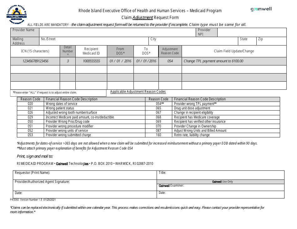 Form PR0060 Claim Adjustment Request Form - Medicaid Program - Rhode Island, Page 1