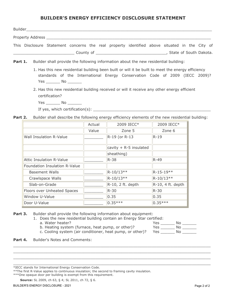 Builders Energy Efficiency Disclosure Statement - South Dakota, Page 2