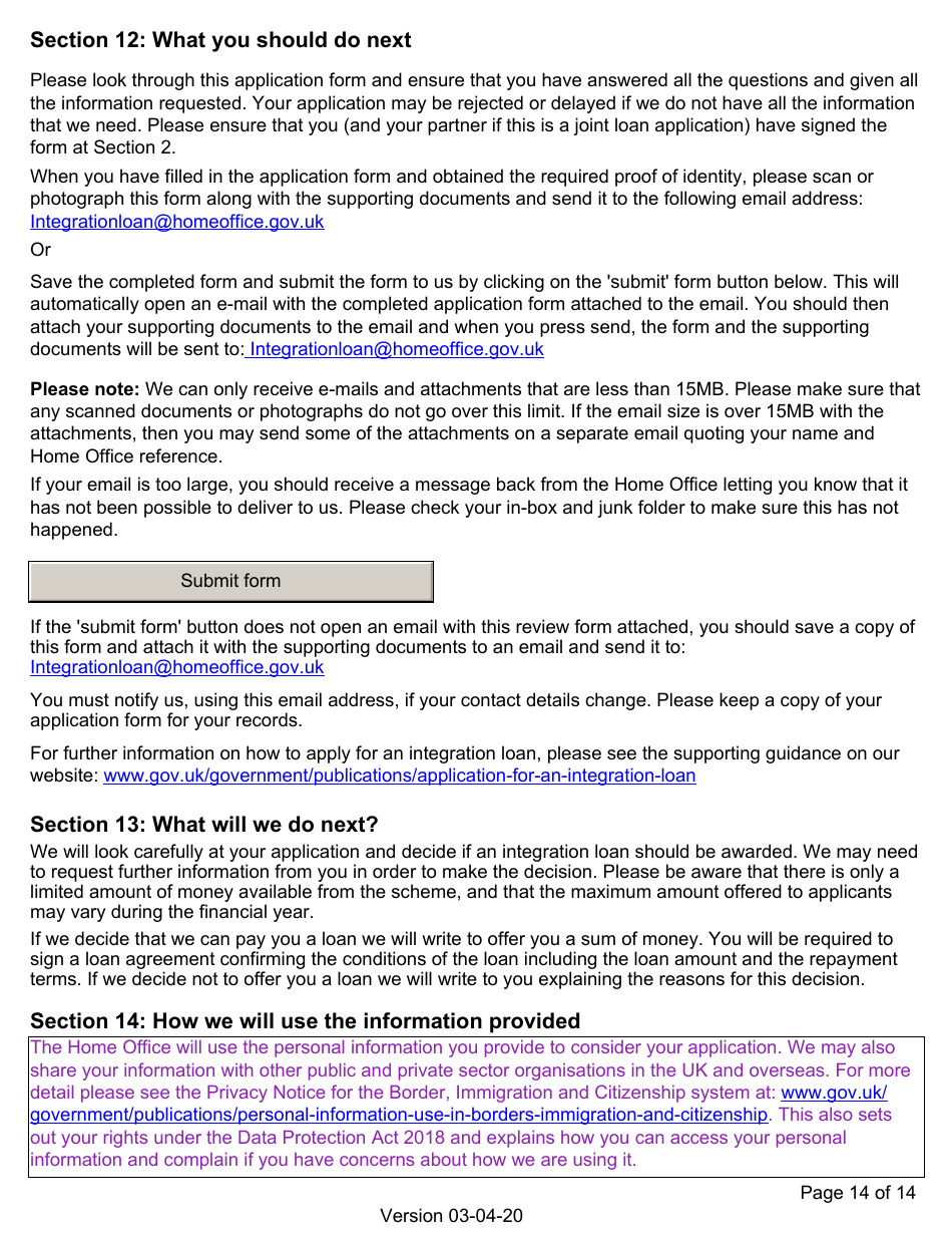 Integration Loan Application Form - United Kingdom, Page 14