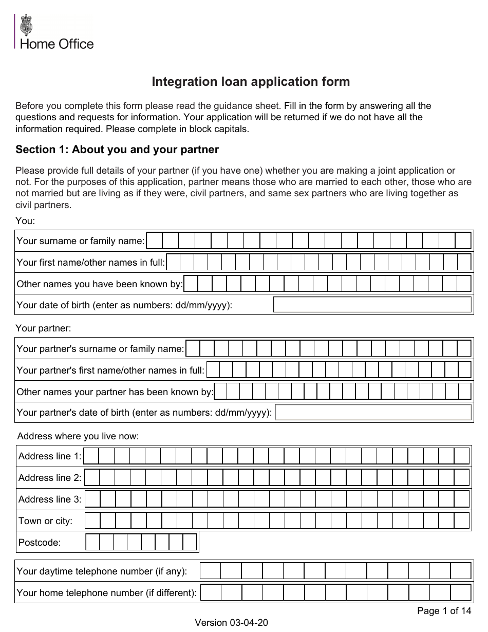 Integration Loan Application Form - United Kingdom, Page 1