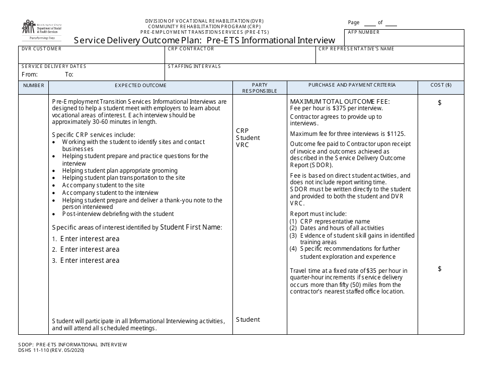 DSHS Form 11-110 Service Delivery Outcome Plan: Pre-ets Informational Interview - Washington, Page 1