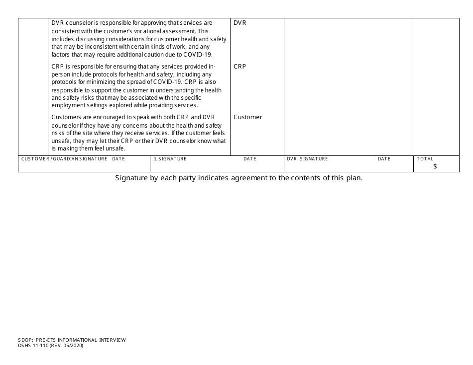DSHS Form 11-110 Service Delivery Outcome Plan: Pre-ets Informational Interview - Washington, Page 2