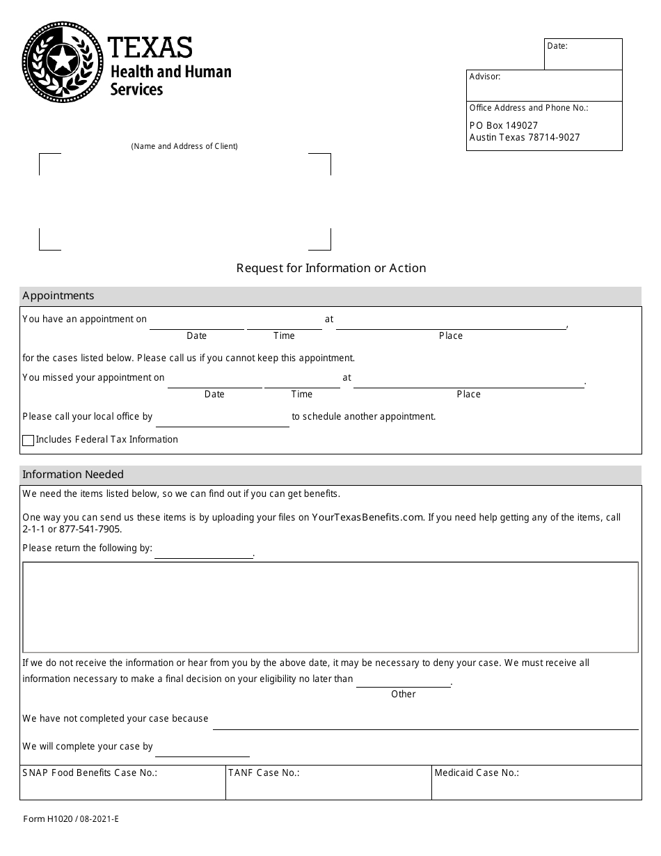 Form H1020 Request for Information or Action - Texas, Page 1