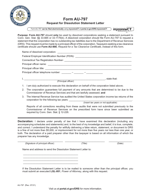 Form AU-797 Request for Dissolution Statement Letter - Connecticut