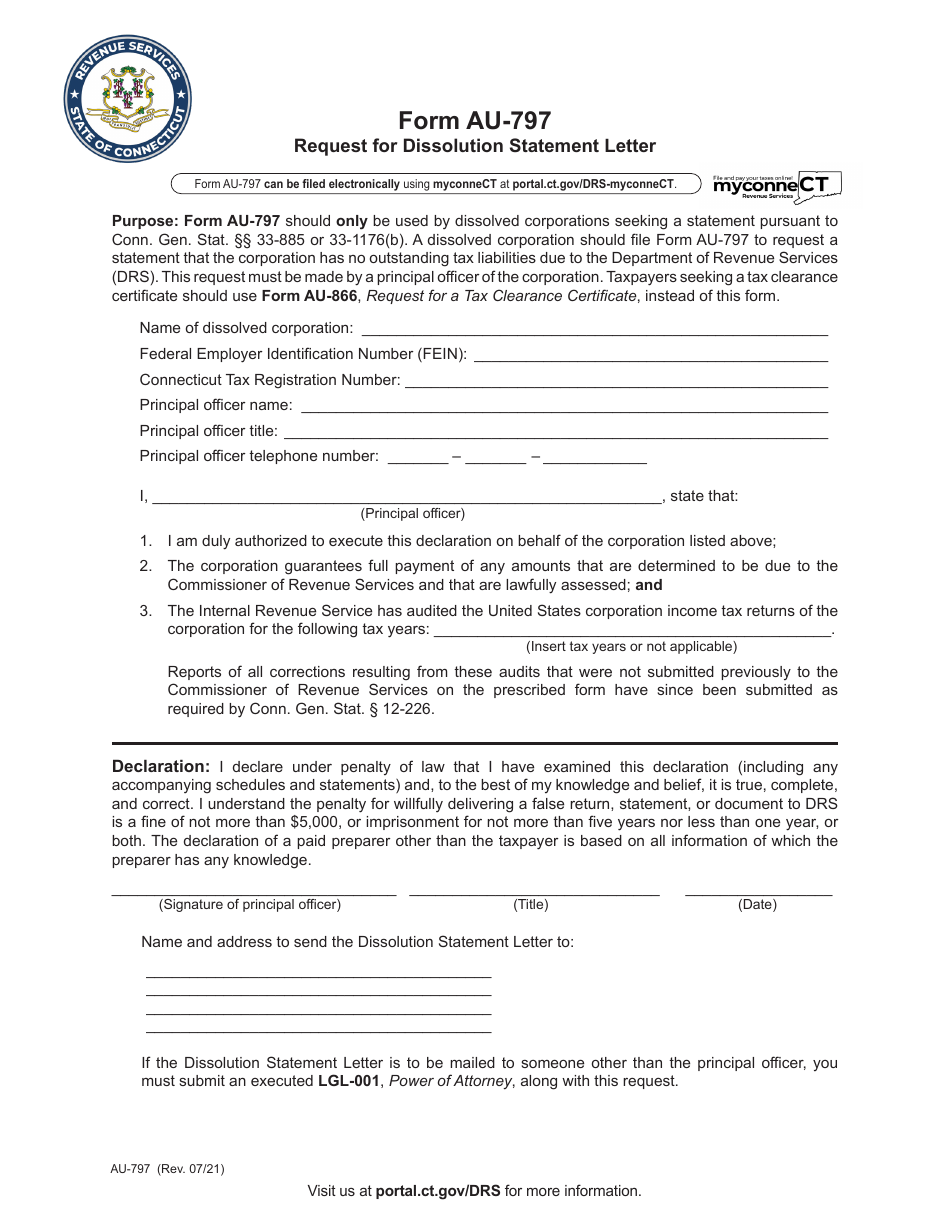 Form AU-797 Request for Dissolution Statement Letter - Connecticut, Page 1