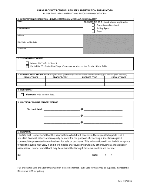 Form UCC-20 Farm Products Central Registry Registration Form - Alabama