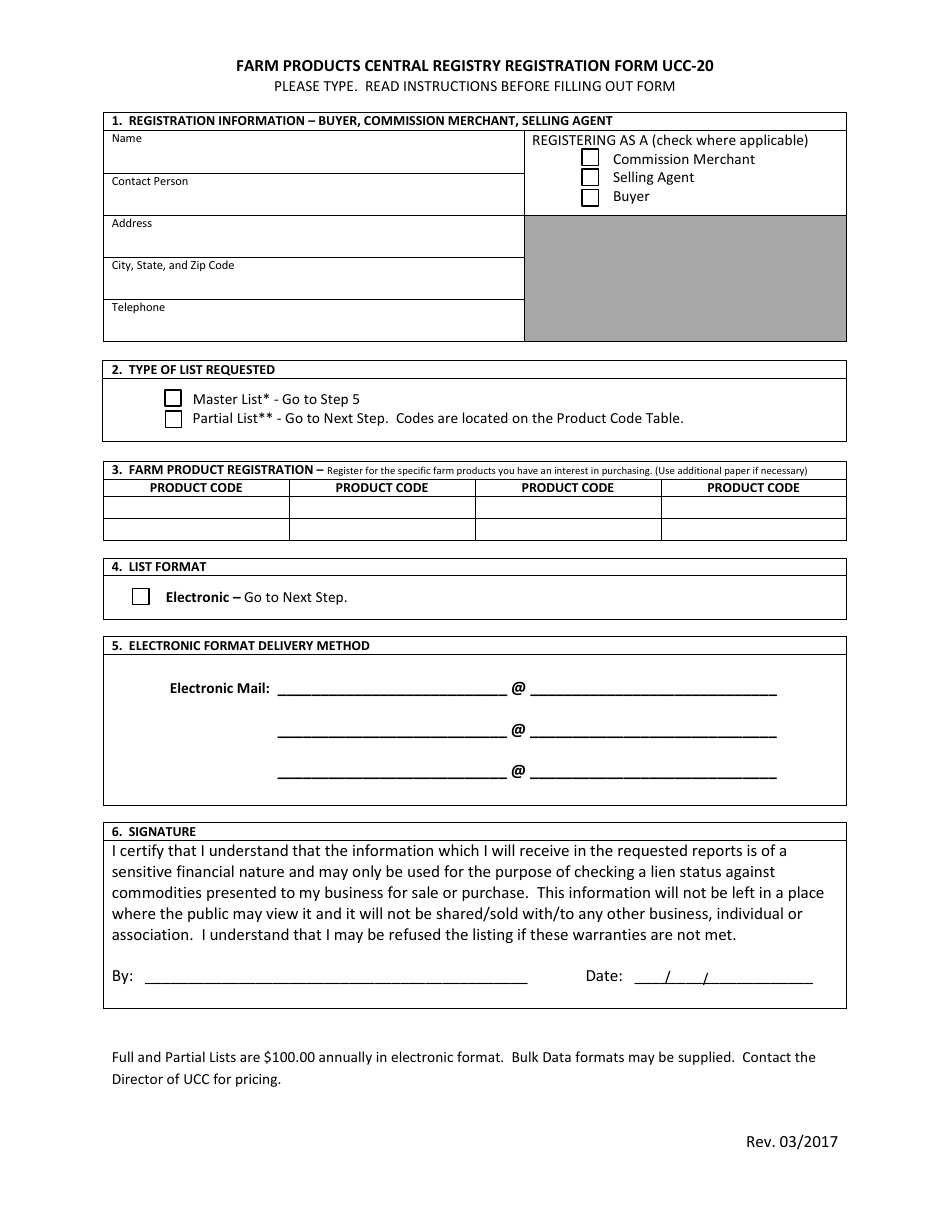 Form UCC-20 Farm Products Central Registry Registration Form - Alabama, Page 1