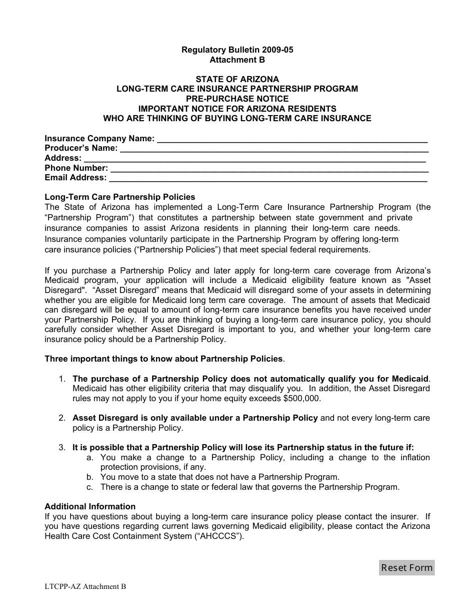 Form LTCPP-AZ Attachment B Pre-purchase Notice - Long-Term Care Insurance Partnership Program - Arizona, Page 1