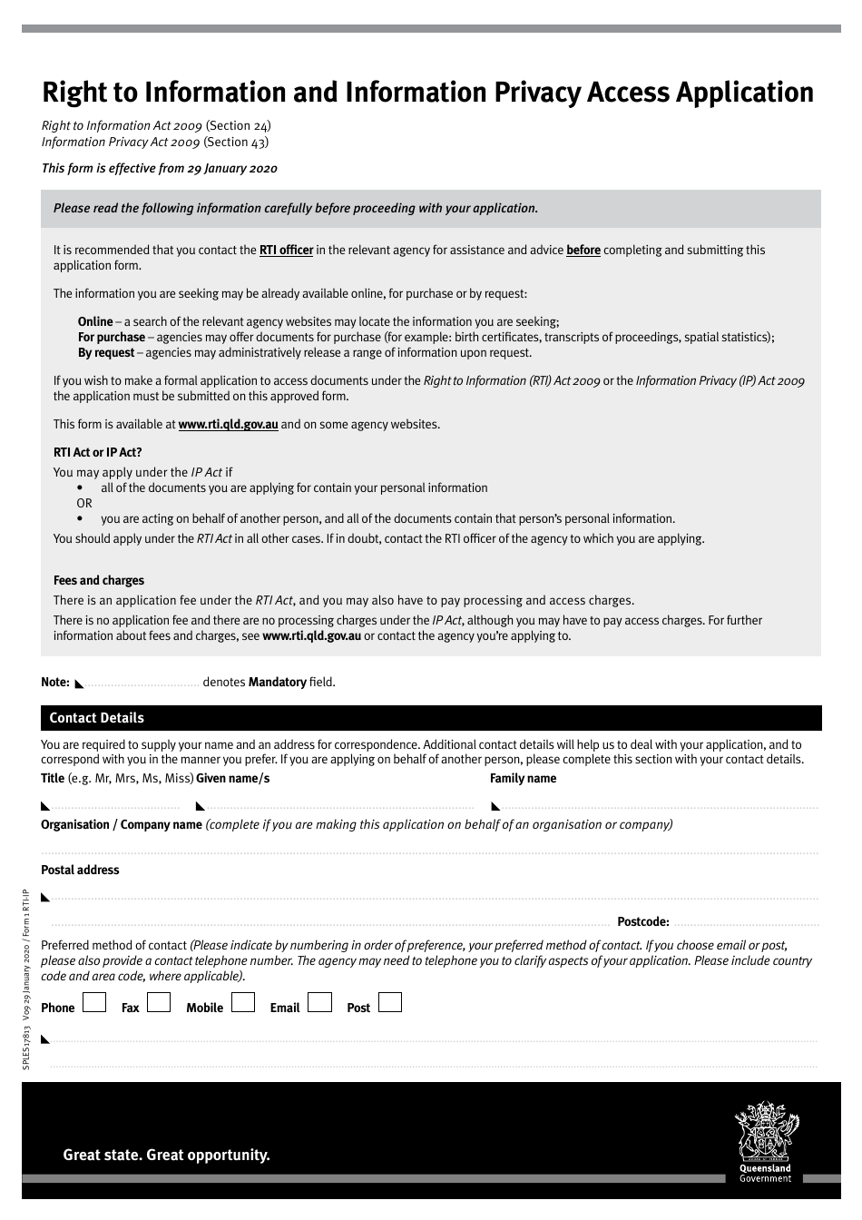 Form 1 RTI-IP Right to Information and Information Privacy Access Application - Queensland, Australia, Page 1