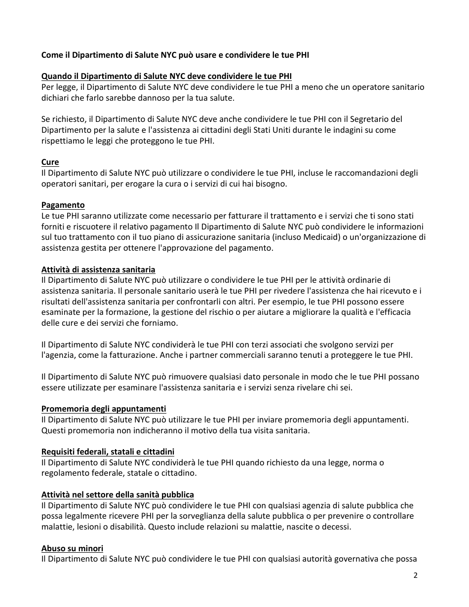 Notice of Privacy Practices Acknowledgement of Receipt - New York City (Italian), Page 2