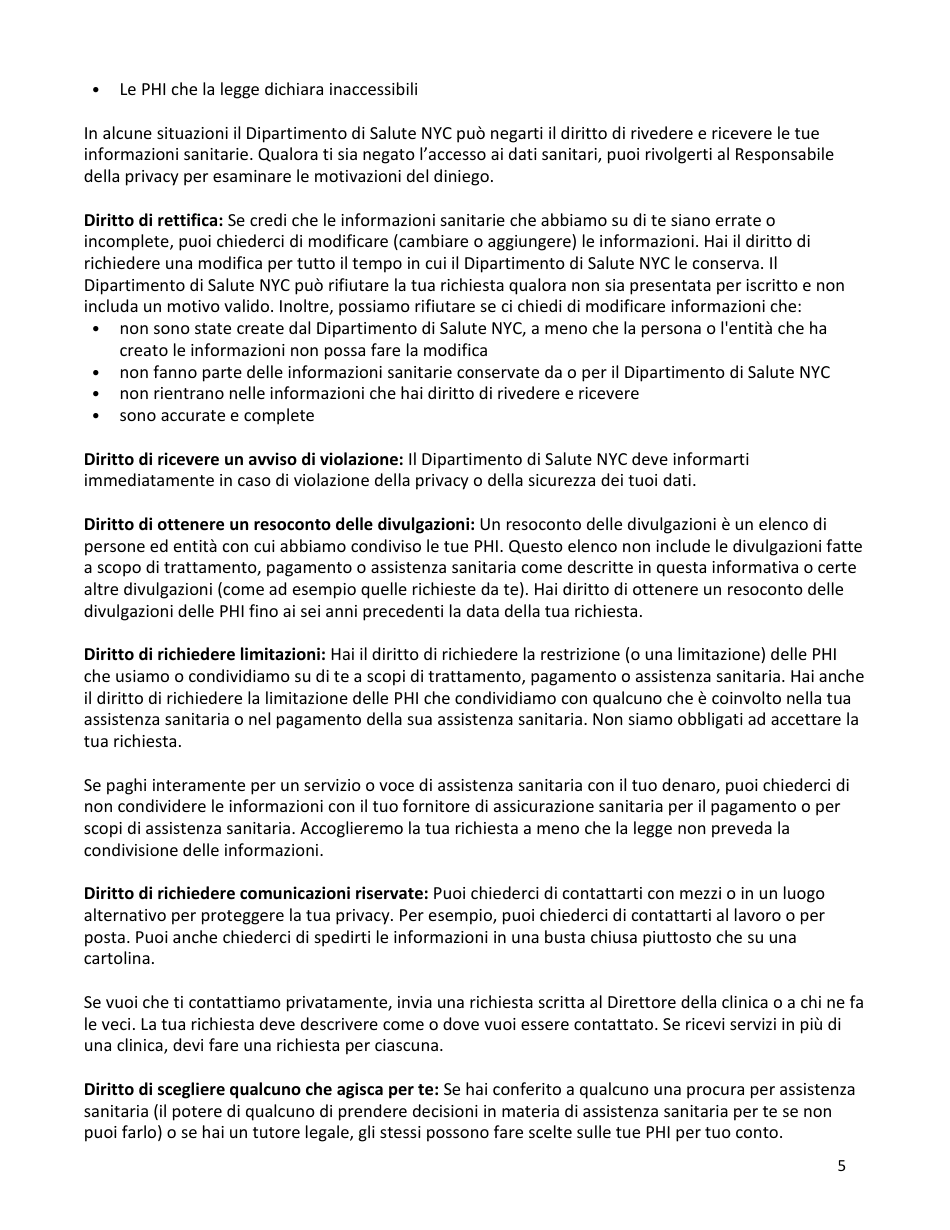 Notice of Privacy Practices Acknowledgement of Receipt - New York City (Italian), Page 5