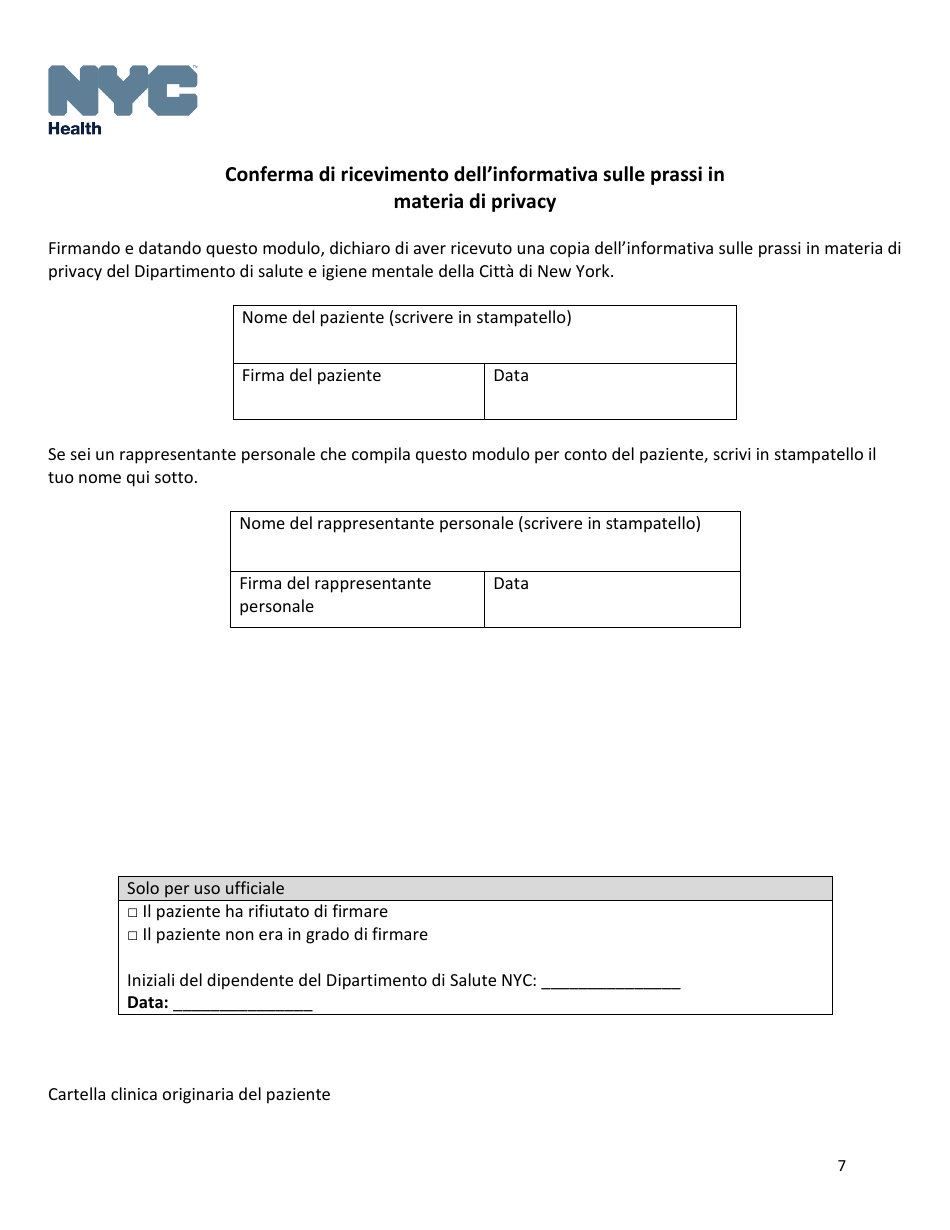 Notice of Privacy Practices Acknowledgement of Receipt - New York City (Italian), Page 7
