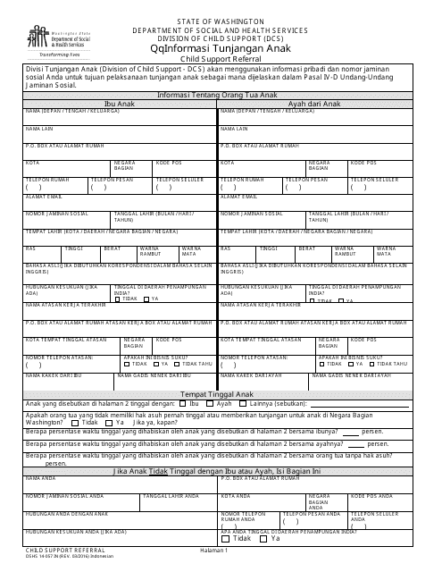 DSHS Form 14-057 Child Support Referral - Washington (Indonesian (Bahasa Indonesia))