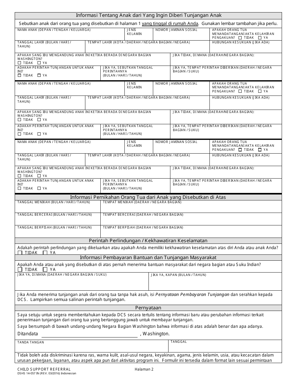 DSHS Form 14-057 Child Support Referral - Washington (Indonesian (Bahasa Indonesia)), Page 2