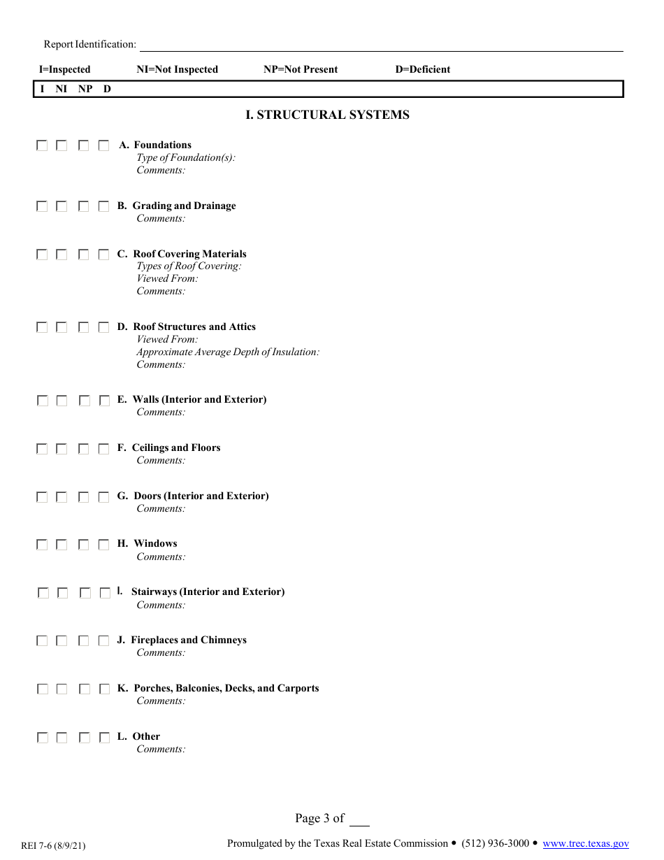 Form REI7-6 Property Inspection Report Form - Texas, Page 3