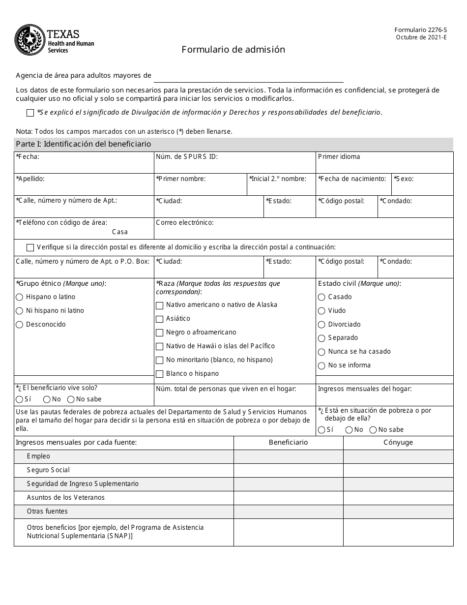 Formulario 2276-S Formulario De Admision - Texas (Spanish), Page 1