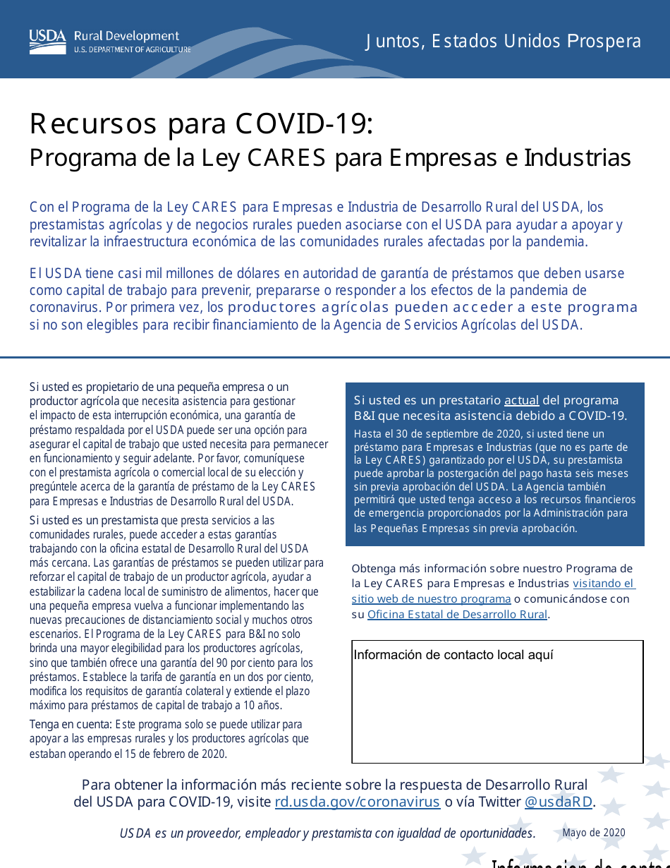 Recursos Para Covid-19: Programa De La Ley Cares Para Empresas E Industrias (Spanish), Page 1