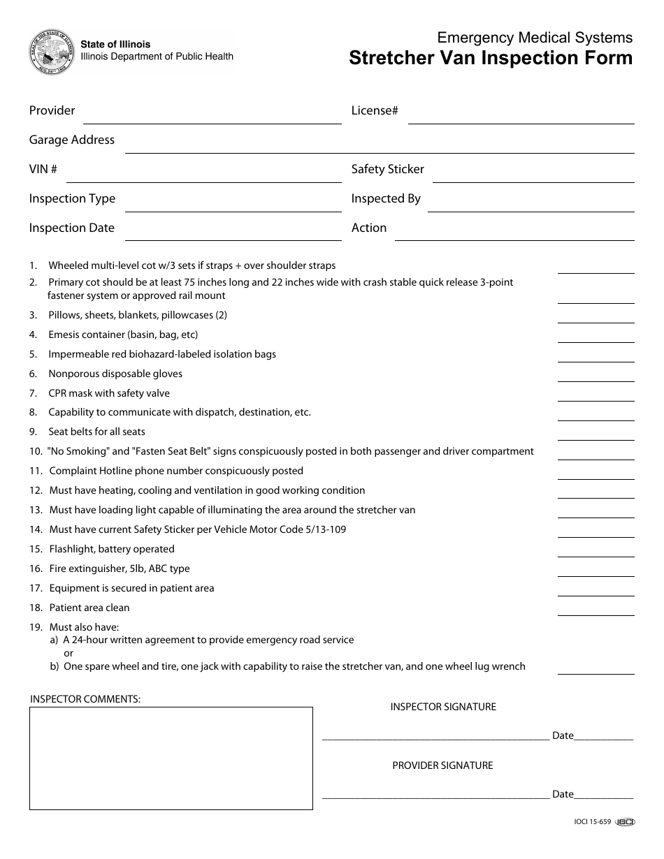 Emergency Medical Systems Stretcher Van Inspection Form - Illinois, Page 1