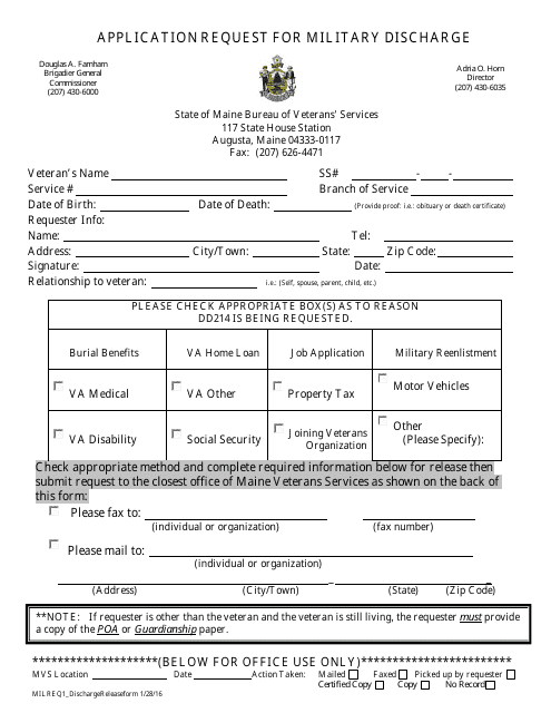 Application Request for Military Discharge - Maine Download Pdf