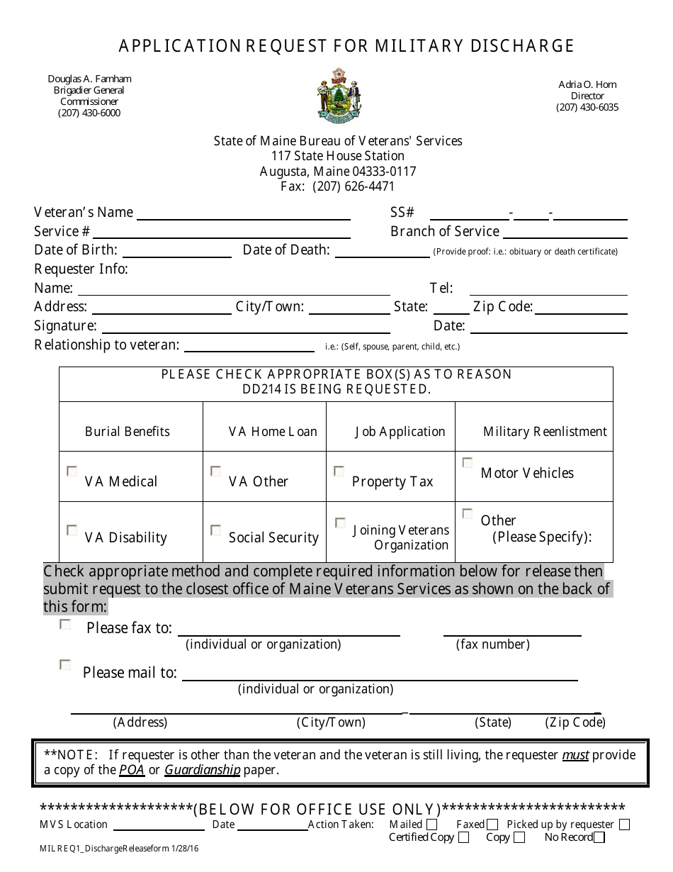 Application Request for Military Discharge - Maine, Page 1