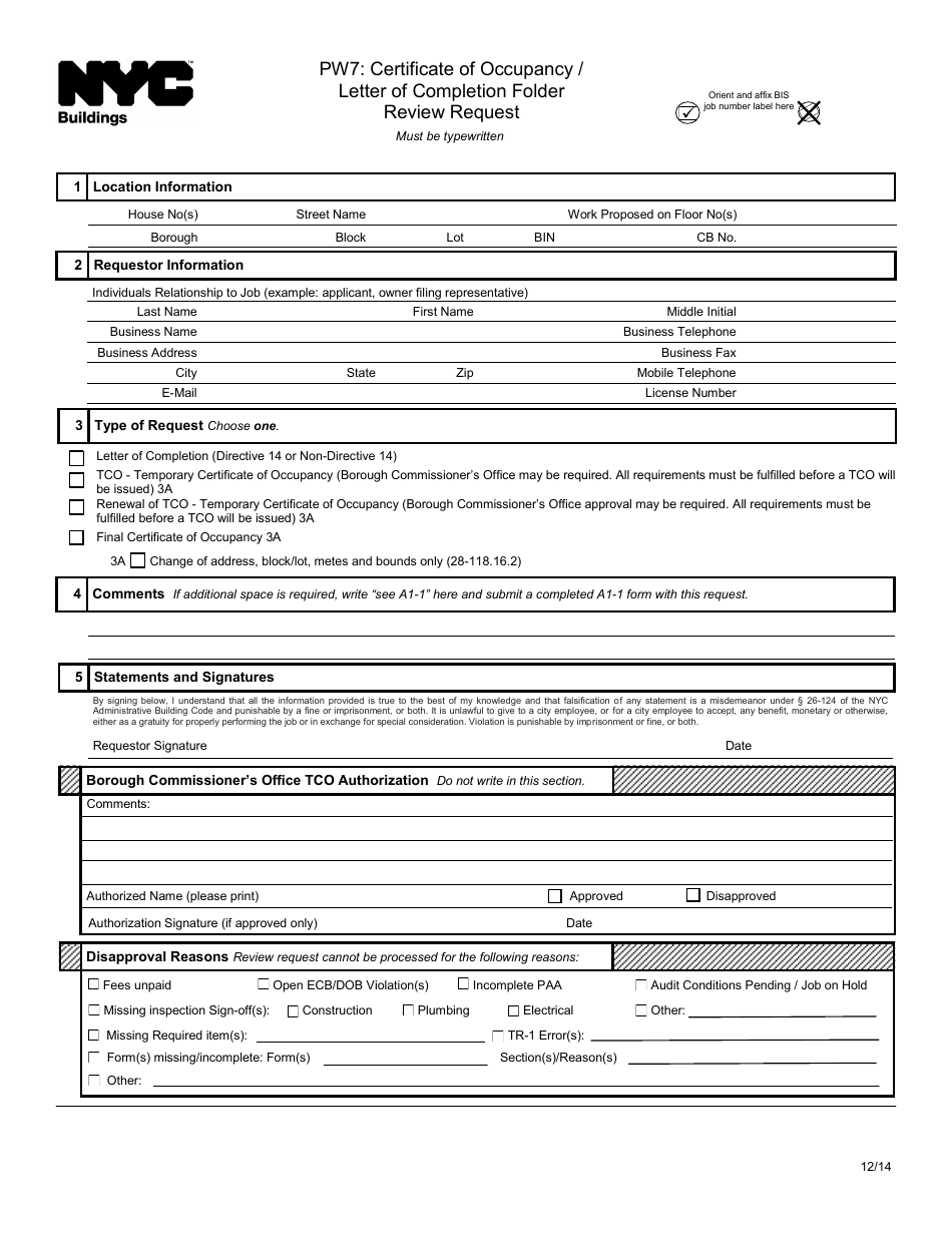 Form PW7 Certificate of Occupancy / Letter of Completion Folder Review Request - New York City, Page 1