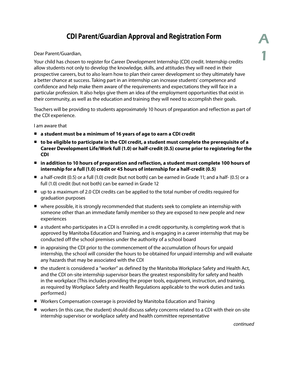 Form A1 Cdi Parent / Guardian Approval and Registration Form - Manitoba, Canada, Page 1