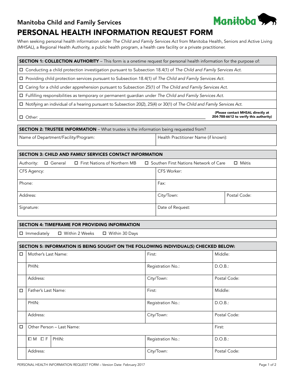 Personal Health Information Request Form - Manitoba, Canada, Page 1