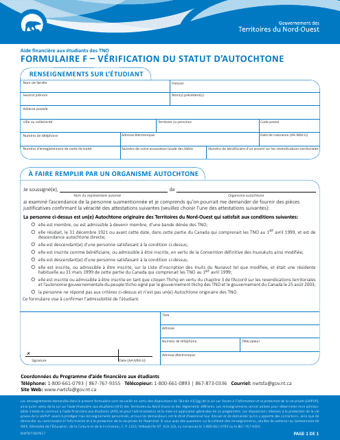 Forme F (NWT8718) Verification Du Statut D'autochtone - Northwest Territories, Canada (French)