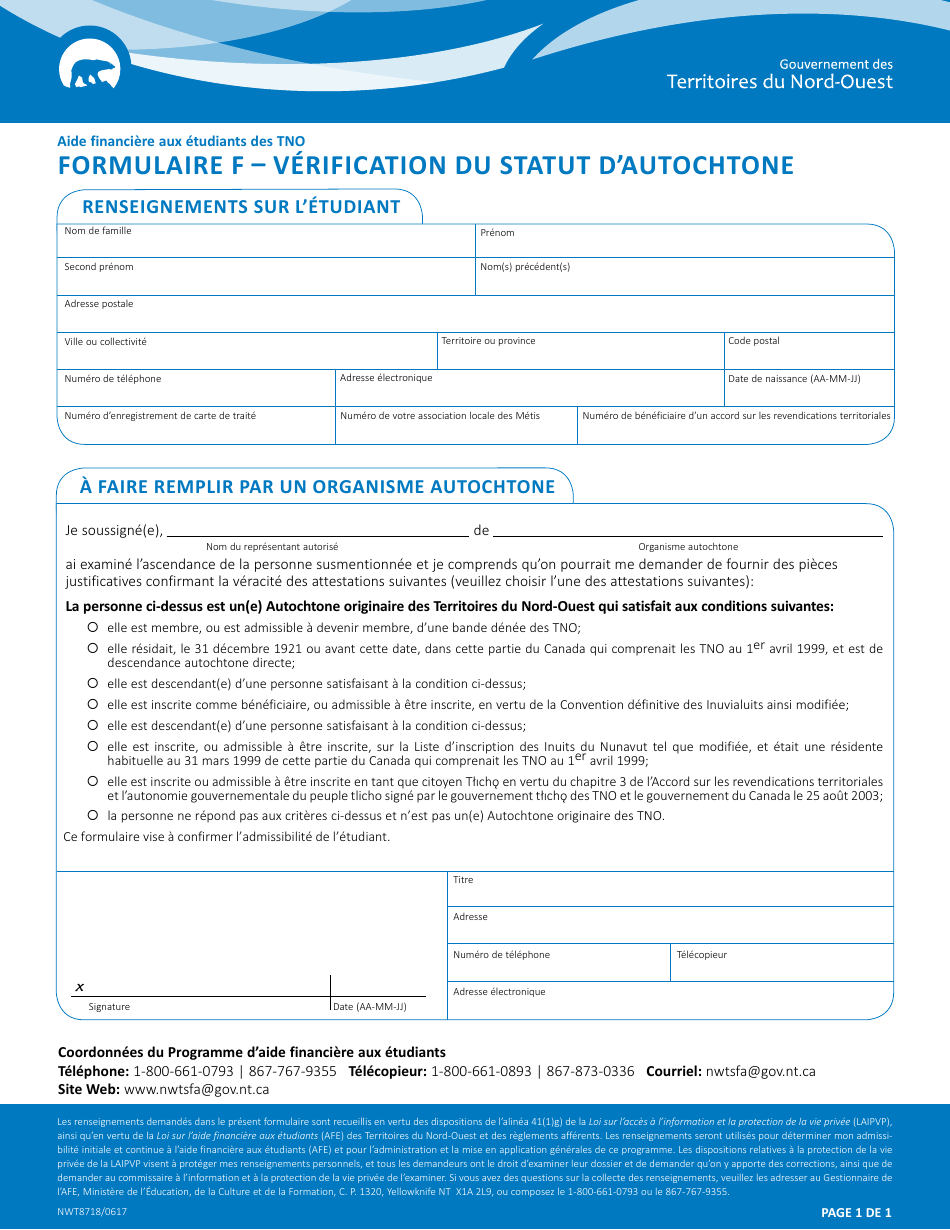 Forme F (NWT8718) Verification Du Statut Dautochtone - Northwest Territories, Canada (French), Page 1