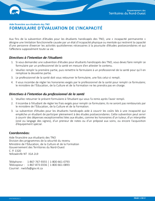 Forme NWT9008 Formulaire D'evaluation De L'incapacite - Northwest Territories, Canada (French)