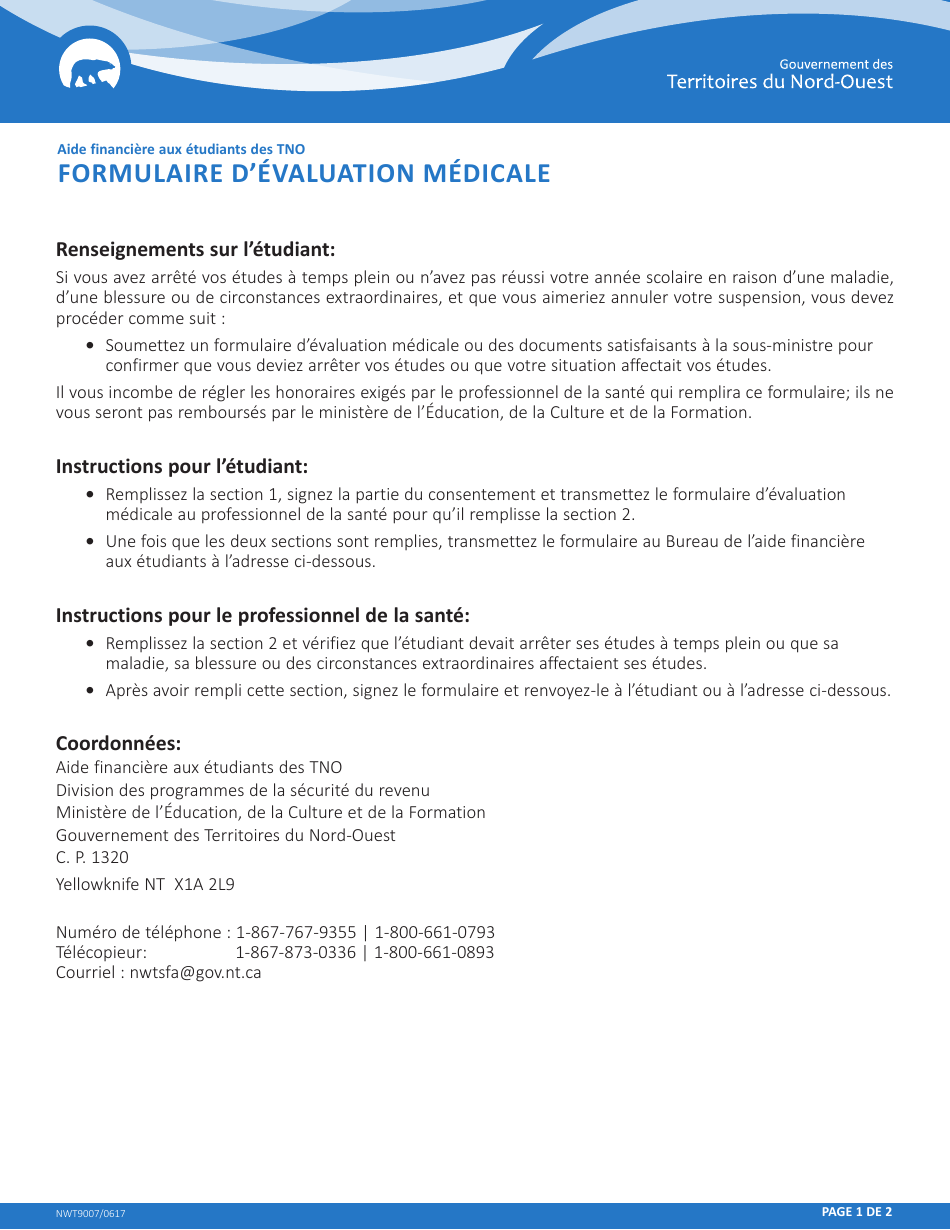 Forme NWT9007 Formulaire Devaluation Medicale - Northwest Territories, Canada (French), Page 1