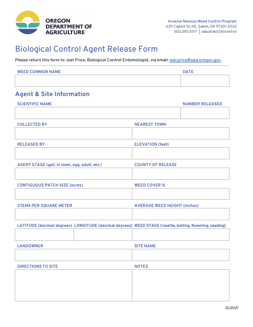 Biological Control Agent Release Form - Oregon Download Pdf