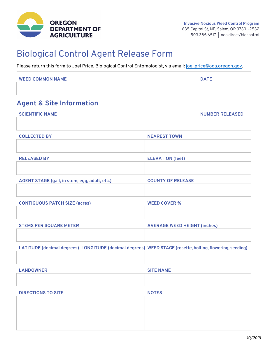 Biological Control Agent Release Form - Oregon, Page 1